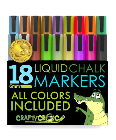 Crafty Croc Liquid Chalk Markers, Jumbo 18 Pack, (Moms Choice Award Gold Recipient), Neon Plus Earth Colors 6mm Reversible Tip, 2 Replacement Tips Included