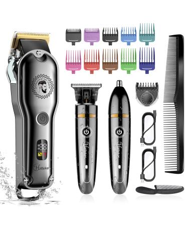 Hatteker Hair Clipper Cordless Hair Trimmer Barber Clipper T-Blade Trimmer Beard Trimmer Nose Trimmer Hair Cutting Grooming Kit Professional IPX7 Waterproof