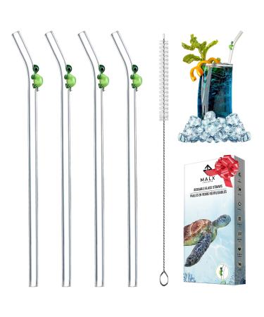 MALX 5-Pack 8.5" x 0.3" Turtle Glass Straws Set of 4 Handmade Transparent Long Straws and 1 Cleaning Brush. Suitable for Cold and hot Drinks Aesthetic Cute Straws with Charm Coquette Straws