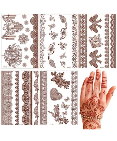 Brown Henna Temporary Tattoo Lace Fake Tattoos Flower Butterfly Heart Waterproof Henna Stickers for Women Girls Face Body Arms Legs Decoration Festive Party Favors Supplies 5 Sheets