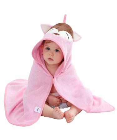 COOKY.D Bamboo Hooded Baby Bath Towel Toddler Wearable Blanket Boy Girl Animal Bathrobe Pink Fox 75x75cm