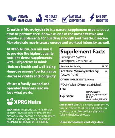 XPRS Nutra Vegan Creatine Monohydrate Powder - 453g Premium Bulk Creatine for Muscle Growth - Vegan Instantized Formula for Men and Women - 16oz - Buy Online on SooperMarket.com