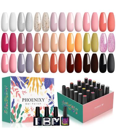 Phoenixy 24 Pcs Autumn Winter Gel Nail Polish Set White Orange Pink Red Brown Glitter Soak Off UV Gel Nail Polish with Base Top Coat Christmas Nail Art Manicure Gifts for Women 24pcs-Peachy Pink