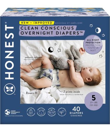 The Honest Company Clean Conscious Overnight Diapers | Plant-Based, Sustainable | Cozy Cloud + Star Signs | Club Box, Size 5 (27+ lbs), 40 Count