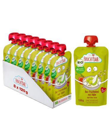 FruchtBar-Bio Quetschie oatmeal apple pear grape fruit puree in a squeeze bag 8x120g