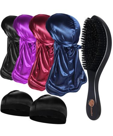 4+2 Silky Durags with Wave Brush for Men 360, Curved Medium/Hard Hair Brush Kits,B Set B-Black, Wine, Navy, Purple+ Brush