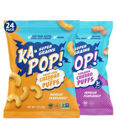 Ka-Pop! Popped Puffs - Cinnamon Churro and Vegan Cheddar 1oz Pack of 24 - Free from Gluten Corn and Dairy - Kosher Sorghum Allergen Friendly Paleo Whole Grain Snacks - As Seen on Shark Tank