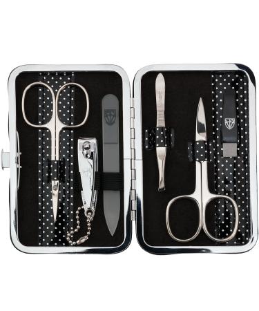 Three swords - germany 6 pcs.Manicureset 'Genova' |Set Nageletui made of artificial leather black dotted |Contents: nail scissors skin scissors nail clippers glass nail files tweezers sapphire nail files black silver-spotted / synthetic leather