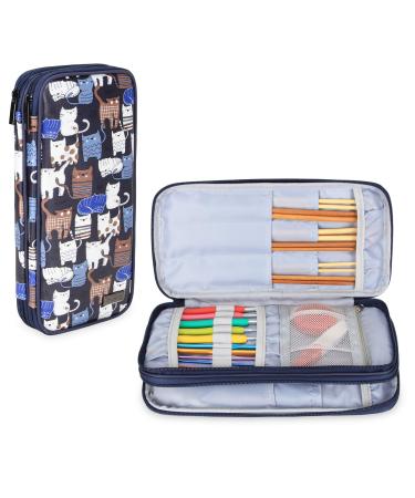 Teamoy Knitting Needles Case(up to 10-Inch) Travel Organizer Storage Bag for Circular and Straight Knitting Needles Crochet Hooks and Knitting Accessories Blue Cats-NO ACCESSORIES INCLUDED Medium Blue Cats