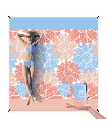WIWIGO Beach Blanket Sandproof Extra Large Beach Mat Adults Waterproof Quick Drying Sand Free Picnic Mat Made by Premium Polyester with 4 Stakes & 4 Corner Pockets for Outdoor Travel Camping Hiking Blue Flower 79" X 83"