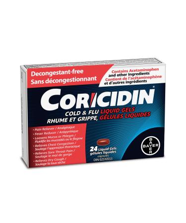 Coricidin Decongestant Free Cough and Cold Medicine - Cough cold and flu medicine for adults Effective Symptom Relief From Sore Throat Cough Chest Congestion Fever and Headaches 24 Liquid Gels