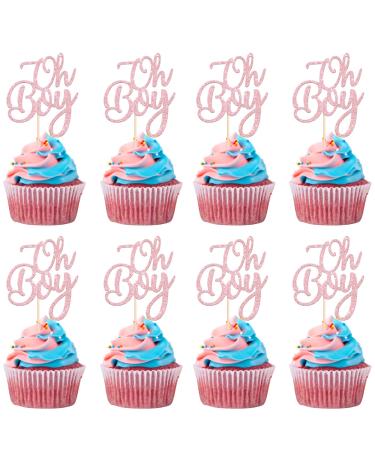 Rsstarxi 24 Pack Glitter Oh Boy Cupcake Toppers Celebrating Baby Boy Shower Cupcake Toothpicks Baby Shower Cake Decorations for Gender Reveal Boys Birthday Party Decorations Pink Style 2 Pink