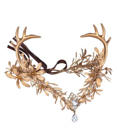 MOSTORY Handmade Gold Fairy Leaf Headpiece Golden Antler Elf Crown Woodland Forest Elven Circlet Celtic Cosplay Hair Accessories for Women Womens Maternity Shoot Wedding Bridal Rave Party Proms