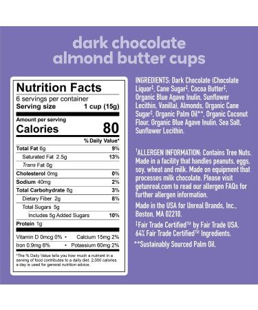 UNREAL Dark Chocolate Almond Butter Cups | Vegan, Gluten-Free, Low Sugar - 6 Pack (3.2 oz) - Buy Online on SooperMarket.com