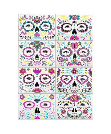 Beisto 8 Set Fluorescent Face Tattoo Stickers - Glow UV Neon Temporary Tattoos for Women - Halloween Christmas Festival Party Props - Buy Online on SooperMarket.com