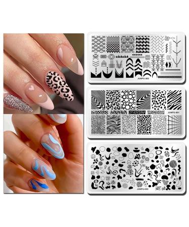 3Pcs Nail Stamping Plates Geometric Swirl Leopard Pattern Nail Art Stamping Plates French Nail Stamp Plate Plaid Stripes Line Designs Nail Stamper Templates Nail Stamping Kit Reusable Nail Art Tools 3pcs Nail Stamp Plate