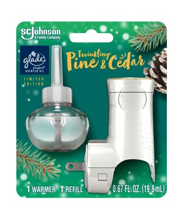 Glade PlugIns Refills Air Freshener Starter Kit Scented and Essential Oils for Home and Bathroom Twinkling Pine & Cedar Limited Edition Scent 0.67 Fl Oz 1 Warmer + 1 Refill