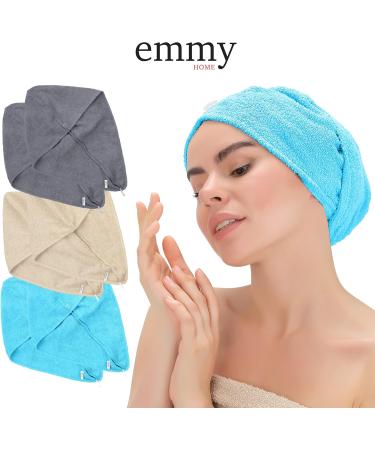 Emmy Home Hair Turban Set - 100% Cotton Quick-Drying Towel for Long Hair - 2 Piece Blue Turban with Button - Buy Online on SooperMarket.com