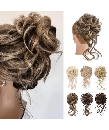 REECHO Messy Bun Hair Piece Tousled Updo Elastic Hair Bun Hair Piece for Women Synthetic Messy Hair Bun Donut Accessories Scrunchies - Light Brown with Highlights