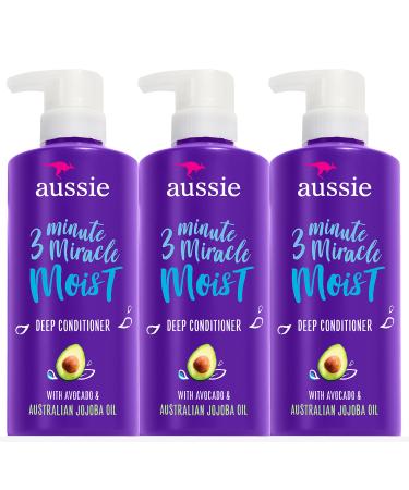 Aussie Deep Conditioner For Dry Hair with Avocado, Paraben Free, 3 Minute Miracle Moist, 16 Fl Oz Each, Triple Pack