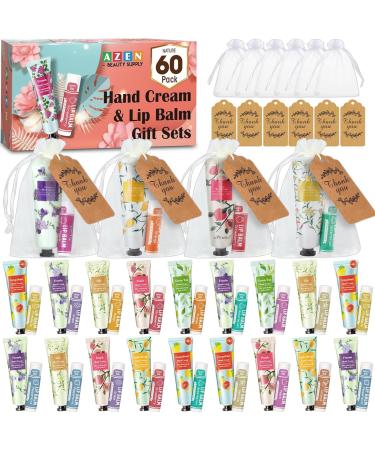 AZEN 60 Sets Hand Cream Bulk and Lip Balm Bulk Set Bridal Shower Gifts for Guests with Organza Bag Thank You Card Thank You Gifts for Coworkers Women Men Bridal Wedding Favors for Guests