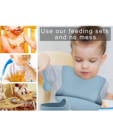 Hoseay 5 Pcs Silicone Baby Weaning Set with Suction Bowl, Plate, Fork, Spoon & Bib - Blue | Baby Led Weaning Feeding Supplies for Kids - Buy Online on SooperMarket.com