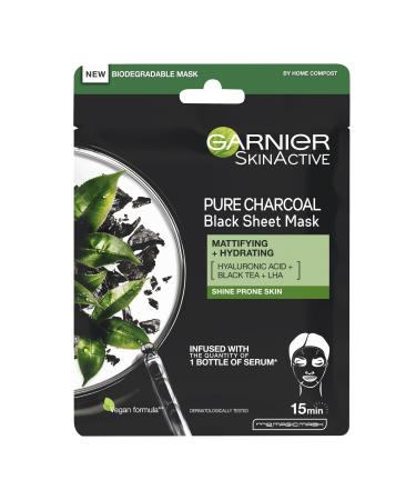 Garnier Pure Charcoal And Black Tea Sheet Mask Purifying And Hydrating Face Mask With Hyaluronic Acid LHA & Black Tea Extract Mattifies Shine Prone Skin Biodegradable & Vegan Tissue 28g Charcoal and Black Tea Tissue Face Mask