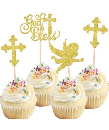 Rsstarxi 24 Pack God Bless and Cross Cupcake Toppers Angel Christening Cupcake Picks Babyshower Boy Baptism Cake Decorations for First Communion Baptism Party Decorations Gold
