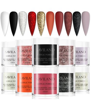 Saviland Acrylic Powder Set - 10 Colors Halloween Acrylic Nail Powder Set Dance Queen Professional Red Brown Black Polymer Powder for French Acrylic Nails Extension 3D Nail Carving, Solon DIY Gifts A1-Gorgeous Party Queen