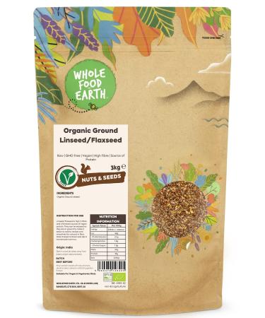 Wholefood Earth Organic Ground Linseed/Flaxseed 3 kg Raw | GMO Free | Vegan | High Fibre | Source of Protein | Certified Organic Organic 3kg