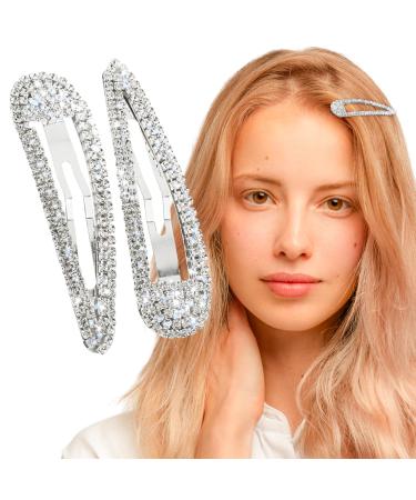 2Pcs Rhinestone Hair Clips Bling Metal Snap Duckbill Hairpins Silver Hair Clips Glitter French Barrettes Valentines Wedding Party Prom Birthday Accessories for Women Girls Bridal