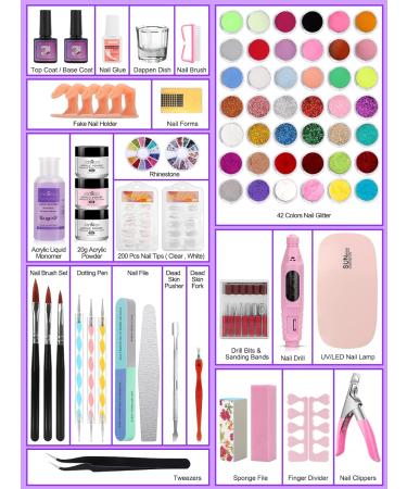 Professional Acrylic Nail Kit for Beginners - 42 Colors, Glitter Powder, Monomer Liquid, Drill, UV Light & Bag Case - Buy Online on SooperMarket.com