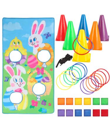 JOYIN Easter Toss Game Set with 12 Bean Bags, 12 Toss Rings, 6 Tossing Cones, and Easter Bunny Toss Banner for Kids Easter Indoor Outdoor Game Play, Family School Class Yard Lawn Easter Party Supplies