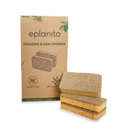 eplanita Natural Plant Based Scrub Sponges (3 Pack) Non-Scratch Biodegradable Eco Scourers for Kitchen and Bathroom 3 Count (Pack of 1)