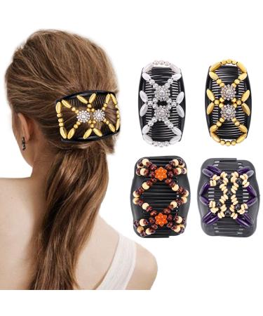 CCbeauty 4pcs Magic Hair Combs Hair Clips for Women Decorative Accessories  Elastic Hair Clips  Stretchy Combs for Hair  Hair Double-Side Combs Wood Beaded Clips Bun Maker Hair DIY Accessories for Ladies Girls(Classic St...