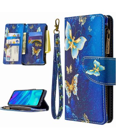 Miago 9 card slots leather cover for Huawei Y6 2019 colorful zipper Flip case Wallet case cell phone case PU leather pocket protective cover gold butterfly Huawei Y6 2019 gold butterfly