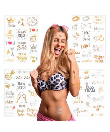 Bachelorette Party Favors Tattoos 60PCS Temporary Tattoos Mr Mrs Gold and Silver Metallic for Bridal Shower Hen Party Wedding Bride and Groom Team Bride