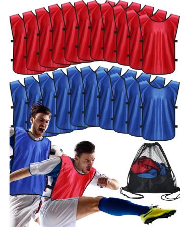 Jiuguva 24 Packs Sports Pinnies Soccer Basketball Team Practice Vest Pennies Scrimmage Vests for Kids Youth and Adults Blue and Red