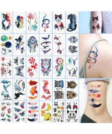 Oottati 30 Sheets Small Cute Temporary Tattoos Kit - Watercolor Painting Dream Catcher Snake Cat Tiger Bird Bulb Whale Butterfly Wolf Lollipop Fox Panda Feather for Women Adult
