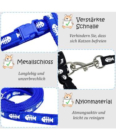 Adjustable Nylon Cat Leash (2 Pieces) - Soft Leash for Kittens Puppies & Rabbits | Marienk fer Print | Black & Blue - Buy Online on SooperMarket.com