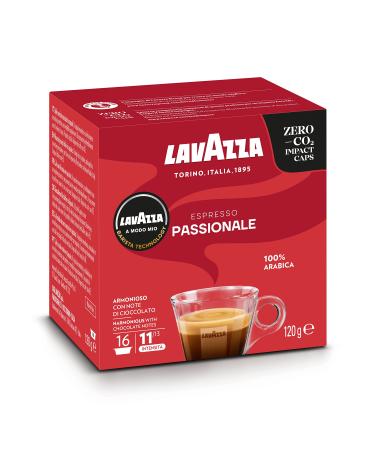 Lavazza A Modo Mio Espresso Passional 16 coffee capsules with caramel and chocolate notes 100 % arabic intensity 11/13 dark roasting 1 pack with 16 lavazza capsules Passional 16 pieces (1 Pack)