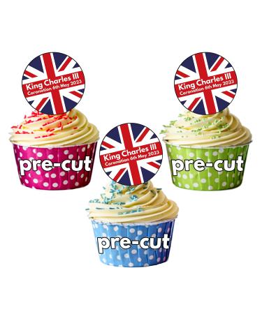 PRE-CUT King Charles III Coronation Union Jack Circle Edible Cupcake Toppers Cake Decorations (24 Pack)