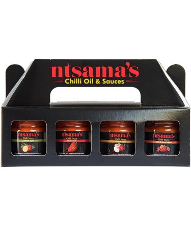 Ntsama Hot Chilli Sauces Gift Set 4 (41ml Each Jar) Unique Flavours Classic Chilli Sauce Thyme and Lemon Sauce Ginger and Garlic Sauce Chilli and Roast Peppers Sauce - Classic Scotch Bonnet Flavour