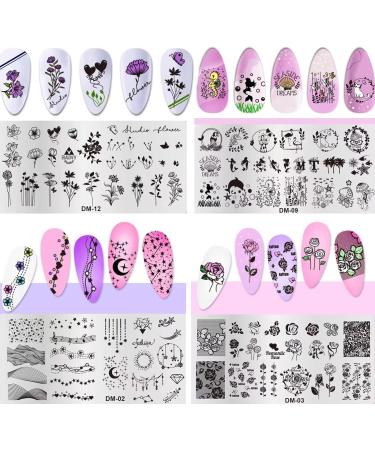 RUNRAYAY Nail Stamping Plates Set 6Pcs Nail Templates with Stamper & Scraper Nail Stamper Nail Art Plates Kits Template Plates Leaves Flowers Animal Holiday Design A + Tools - Buy Online on SooperMarket.com