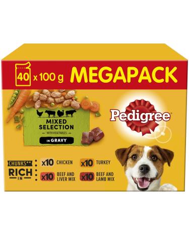 Pedigree Mixed Selection in Gravy 40 Pouches Adult Wet Dog Food Megapack (40 x 100 g) Adult Mixed Selection in Gravy 100 g (Pack of 40)