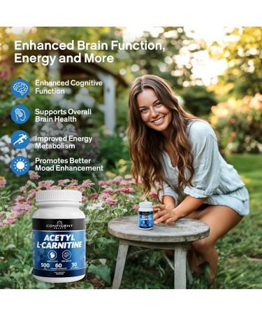 CONFIDENT HEALTH - Acetyl L-Carnitine 500mg - Premium Brain and Energy Support Supplement 60 Veggie Capsules Gluten Free 30 Servings One Month Supply - Buy Online on SooperMarket.com