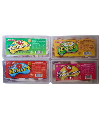 Gum Jelly Sweets Food Set Fruit Flavoured Fried Eggs Mushrooms Giant Strawberry & Love Hearts Retro Sweeties Candy Tubs Gift for Kids of All Ages 800g from Kingdom Supplies.