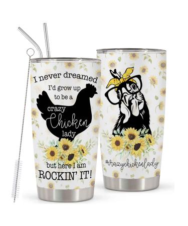 HOMISBES Crazy Chicken Lady Gifts - Stainless Steel Chicken Sunflower Tumbler Cup 20oz for Chicken Owners - Chicken Travel Mug for Mom Women Wife - Birthday Gifts for Chicken Lovers