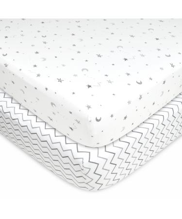 American Baby Company 2 Pack Printed 100% Natural Cotton Jersey Knit Fitted Pack N Play Playard Sheet, Grey Stars and Zigzag, Soft Breathable, for Boys and Girls Grey Stars/Zigzag