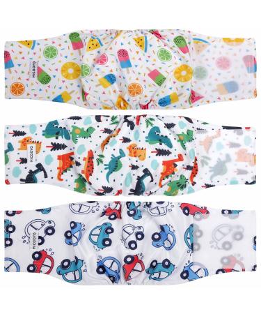 Micoooyo washable abdominal bandage for male |Reusable dog diapers |Suction -able dog wraps with adjustable closure-small (3-pack animals & fruits & cars) animals obtautos small 22.8-33cm (waist)